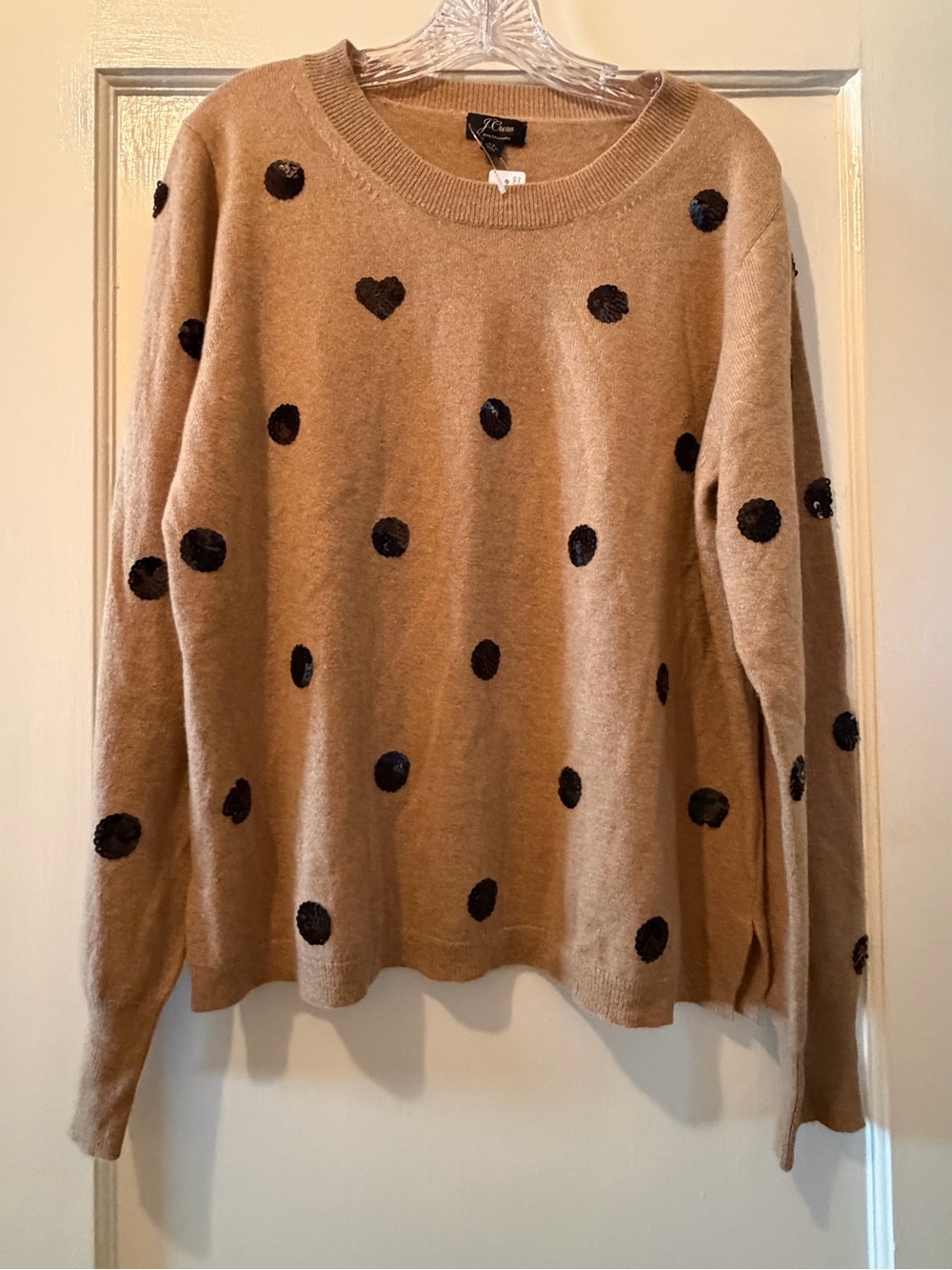 J. Crew Polka Dot Crewneck Sweater in Camel with Black Sequined Dots